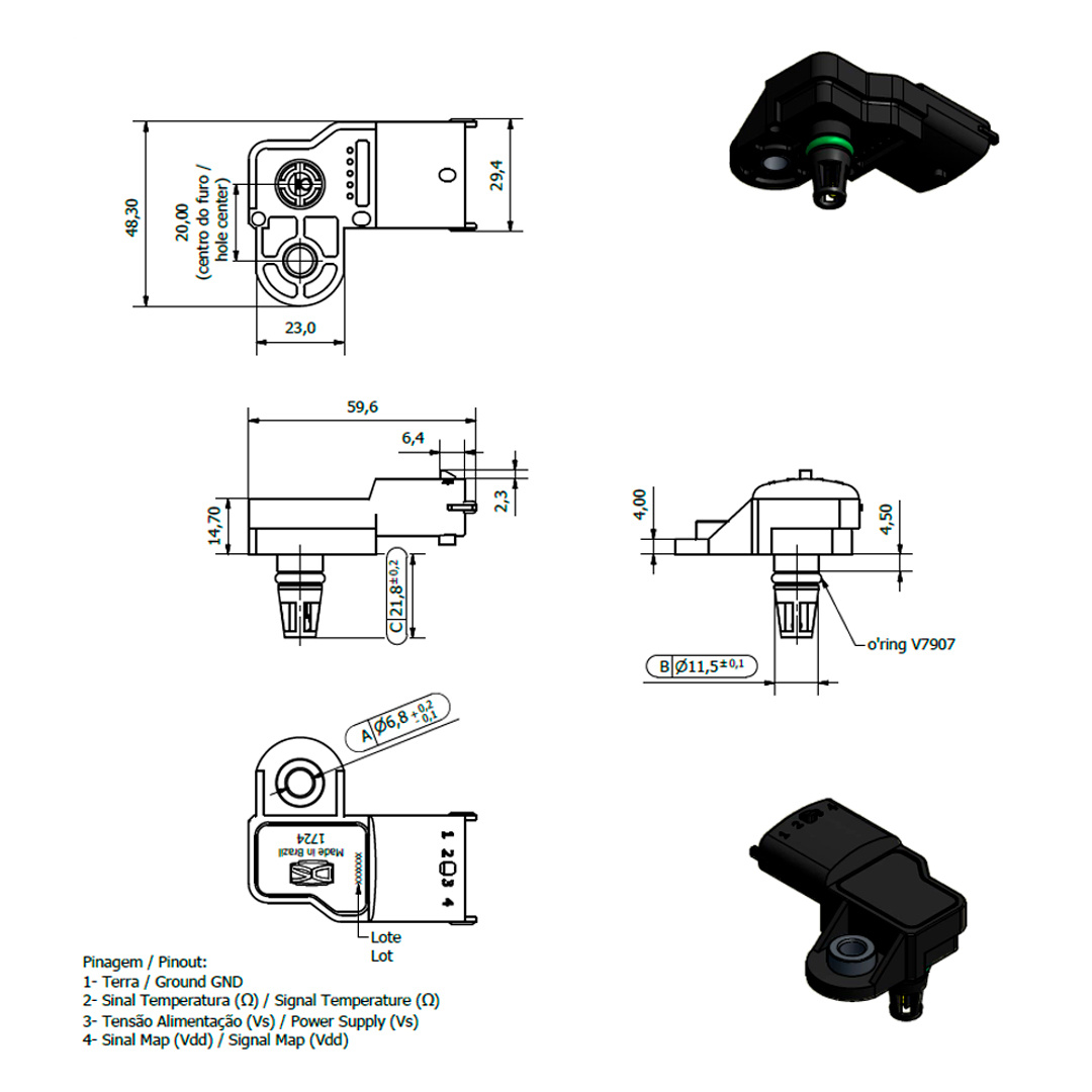 Desenho técnico — Sensor de Pressão Absoluta (MAP)