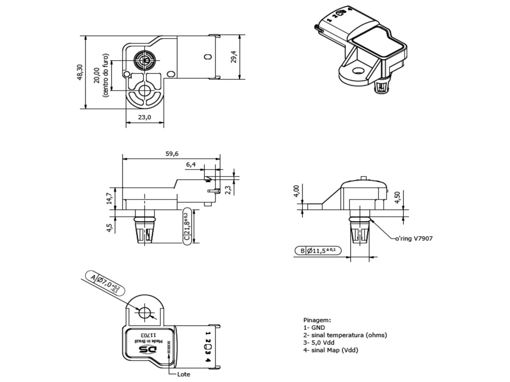Desenho técnico — Sensor de Pressão Absoluta (MAP)