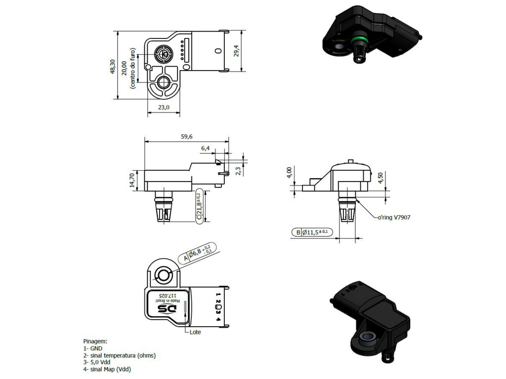 Desenho técnico — Sensor de Pressão Absoluta (MAP)