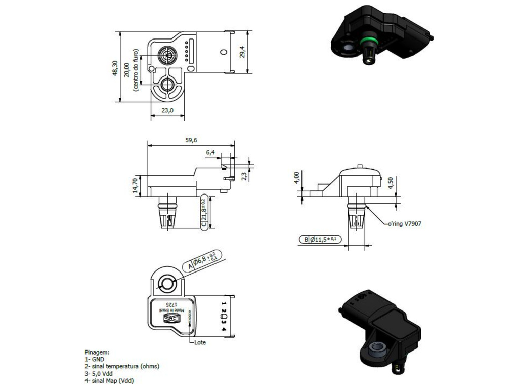 Desenho técnico — Sensor de Pressão Absoluta (MAP)