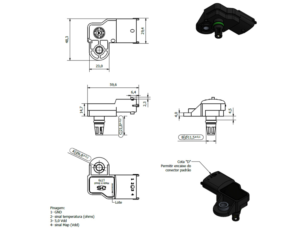 Desenho técnico — Sensor de Pressão Absoluta (MAP)